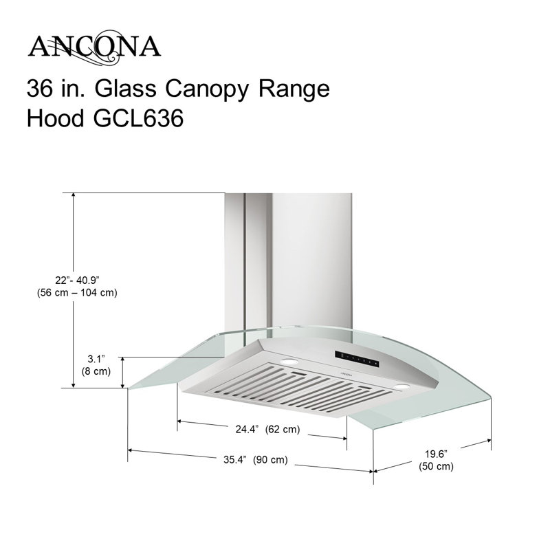 Ancona GCL636 36" Wall Mount Glass Canopy Range Hood with Night Light in Stainless Steel